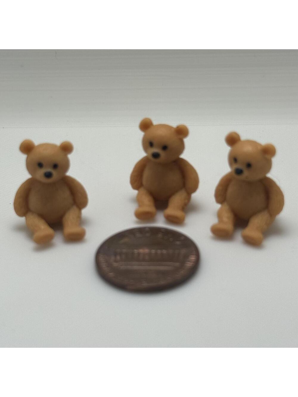 Miniature Teddy Bear Dollhouse Sitting Animal Rubber Toy Plush Stuffy Set of 3